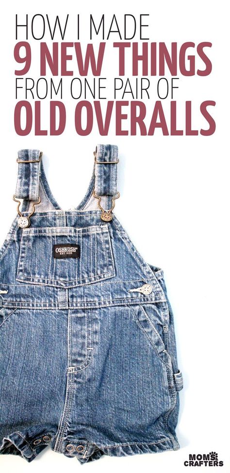 Wow! You'll never want to throw out your kids old clothes again! This mother uses a single pair of old overalls in a baby size to make nine recycled denim crafts - and still had some left! Click for the DIY tutorials and to see how. | DIY | Trash to Crafts | Old Overalls Ideas, Recycled Denim Crafts, Recycling Denim, Old Clothes Diy, Carhartt Overalls, Kids Overalls, Laundry Tips, Baby Overalls, Denim Projects