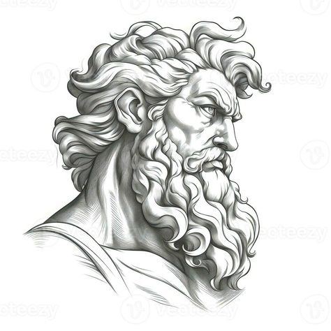 Greek God Drawing, Zeus Illustration, Zeus Drawing, Greek Mythology Zeus, Zeus Greek Mythology, Zeus Greek, Zeus God, Mythology Paintings, Tools Drawing