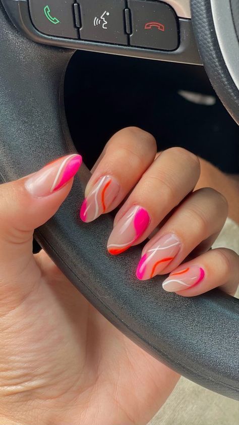 Hot Pink And Orange Almond Nails, Bright Nails Almond Shape, Dominican Republic Nails, Summer Nails Pink And Orange, Unghie Sfumate, Kutek Disney, Summery Nails, Simple Acrylic Nails, Classy Acrylic Nails