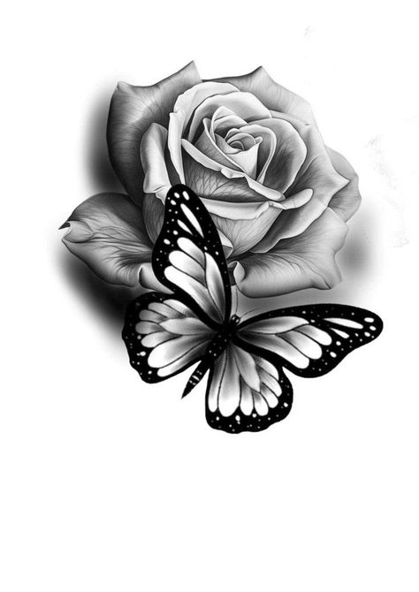 Rose With Script Tattoo, Butterfly And Rose Tattoo Stencil, Creative Rose Tattoos, Rose Tattoo Black Women, Cover Up Tattoos Underboob, Butterfly Realism Tattoo, Roses With Butterfly Tattoo, Butterfly On Rose Tattoo, Butterfly With Roses Tattoo