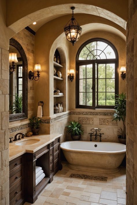 Mediterranean Style Bathroom, Luxury Restroom, Luxury Mediterranean Homes, Tuscan Bathroom, Mediterranean Bathroom, Condo Bathroom, Mediterranean Interior Design, Tuscan Style Homes, Hacienda Style Homes