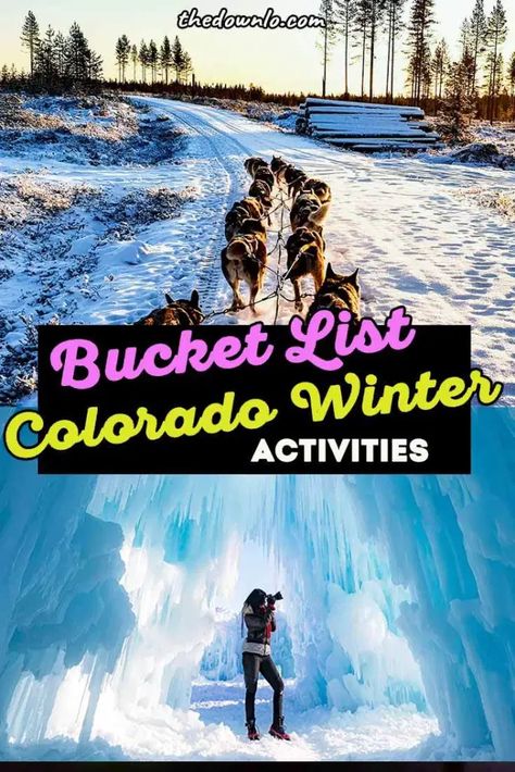 Things to do in winter in Colorado beyond the slopes. Adventures in Vail, Breckenridge, Boulder and beyond! Visit ice castle, snowshoe in Rocky Mountain National Park, snow bike in Estes Park, snowmobile in the opportunities for snow adventures, Instagram photography, and beautiful snowy hiking landscapes. #denver #colorado #holidays #winter #ski #snow Colorado In Winter, Winter In Colorado, Denver Travel, Things To Do In Colorado, Adventure Trips, Winter Travel Destinations, Ice Castle, Usa Destinations, Colorado Winter