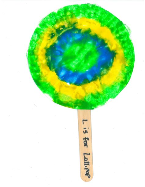 L is for Lollipop craft.  Use a small paper plate and have kids squeeze paint on the back of the plate.  Cover with plastic wrap and smoosh around.  Tape the plastic wrap on the back side and add a craft stick with "L is for Lollipop" written on it. L Is For Lollipop, Kids Painting Activities, Letter L Crafts, Lollipop Craft, Abc Crafts, Whispering Pines, Eyfs Activities, Winter Kindergarten, Teaching Toddlers