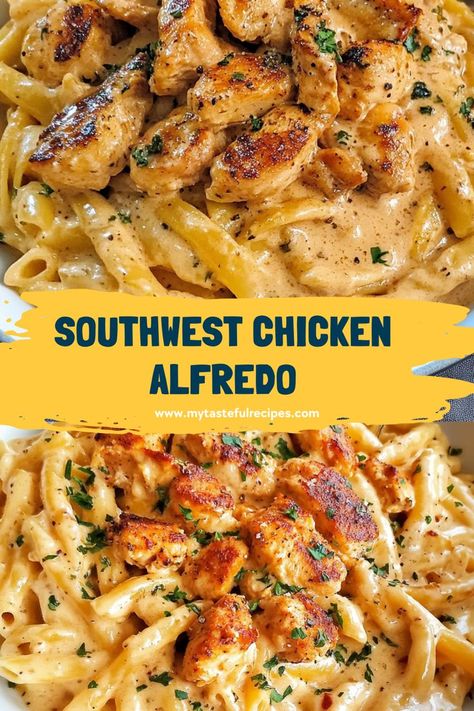 Creamy Alfredo pasta with a spicy, southwest flair! This Southwest Chicken Alfredo recipe is packed with tender chicken, smoky spices, and a rich, creamy sauce that’s irresistible. Veggie Chicken Alfredo Pasta, Creamy Southwest Chicken Alfredo, Southwestern Chicken Alfredo, Creamy Cajun Chicken And Sausage Alfredo Pasta, Mexican Chicken Alfredo Crockpot, Chicken Thigh Fettuccine Alfredo, Dinner Ideas With Alfredo Sauce, Chicken Diablo Pasta, Alfredo Pasta Ideas