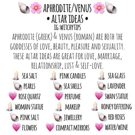 Tips for Witches Everywhere! ✨ on Instagram: “A list of items & offerings to include on an  Aphrodite / Venus inspired love altar! 🐚🌹🕯” Love Altar, Aphrodite Altar, Lady Aphrodite, Goddess Magick, Aphrodite Aesthetic, Aphrodite Goddess, Wiccan Magic, Witches Altar, Witch Spirituality