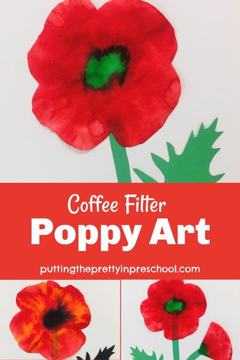 Stunning coffee filter poppy art using easy-to-collect supplies. An all-ages art activity to recognize Remembrance Day. Remembrance Day Craft, Poppy Craft For Kids, Veterans Day Poppy, Veterans Day Crafts, Daycare Art, Remembrance Day Activities, Art And Craft Activities, Grade 1 Art, Remembrance Day Art