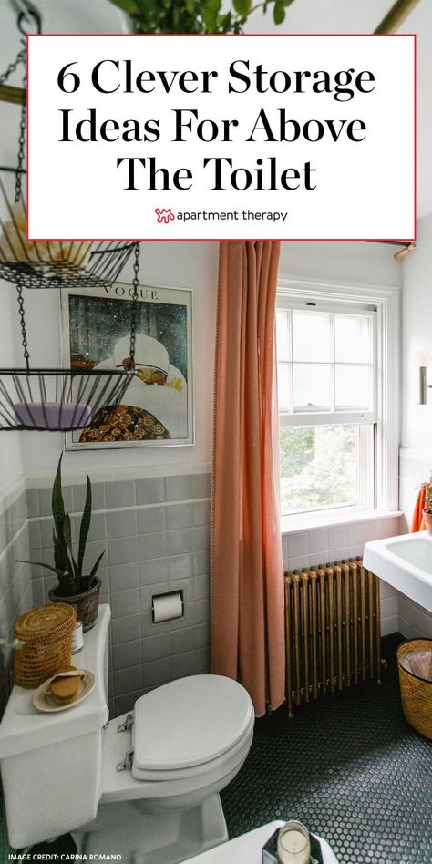 Make more use of the space above your toilet with these 6 clever storage ideas. #bathrooms #bathroomideas #bathroomdecor #bathroomtrends #storageideas #storagehacks #storagetips #smallspacehacks #storagesolutions Home Decor Hallway, Studio Bathroom, Boho Bathroom Ideas, Over Toilet Storage, Small Space Hacks, Bathroom Wall Storage, Clever Storage Ideas, Industrial Style Bathroom, Bathroom Organization Ideas