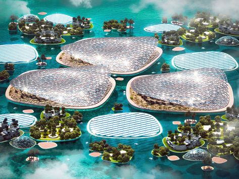 what is blue urbanism? URB on dubai’s plan to unite land & sea for climate change relief Biophilic Architecture, Earth Ship, Public Facilities, Artificial Reef, Floating Architecture, Artificial Coral, Eco Lodges, Urban Village, Futuristic World