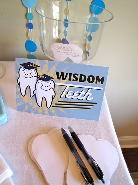 Wisdom tooth (Guests write a note of encouragement/wisdom for the grad!) Dental Party Favors, Dental Hygienist Party Ideas, Dentist Birthday Party Ideas, Dental Hygiene School Graduation Party, Dental Hygiene Pinning Ceremony, Dentist Party Decoration, Dentist Theme Party, Dental School Party, Dental Party Decorations