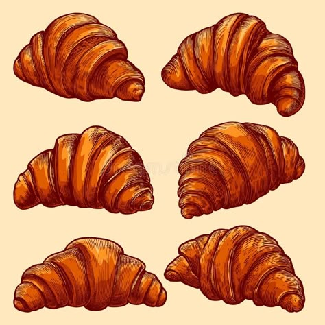 Croissant Art Drawing, Croissant Illustration Drawings, Pastry Art Drawing, How To Draw A Croissant, Crossiant Drawings, Croissant Drawing Simple, French Food Drawing, Crossaint Drawing, Croissant Sketch