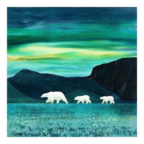 Polar Bear Art, Arctic Landscape, Polar Night, Bear Watercolor, Night Illustration, Bear Paintings, Bear Silhouette, Wool Art, Bear Art