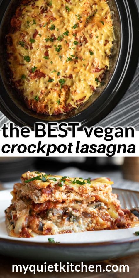 Easy Vegan Crockpot Lasagna Vegan Lasagna Recipe, Vegan Crockpot Recipes, Vegan Slow Cooker Recipes, Vegetarian Slow Cooker Recipes, Vegan Crockpot, Baked Lasagna, Vegetarian Crockpot Recipes, Crockpot Lasagna, Vegan Slow Cooker