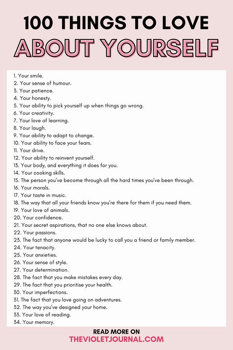 100 Things to Love About Yourself - The Violet Journal Things To Love About Yourself, Gratitude Journal Prompts, Writing Therapy, Love Journal, Writing About Yourself, Journal Writing Prompts, Learning To Love Yourself, Self Affirmations, About Myself