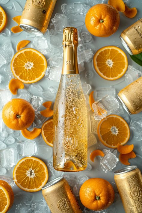 orange prosecco bottle turned 45 degrees to the right with many cans around the bottle, on a liquid surface, bubbles, orange chips, ice, white background, aerial shot, food photography, product photography --v 6  --stylize 250 --style raw Orange Wine Aesthetic, Makeup Wisuda, Prosecco Bottle, Champagne Orange, Premium Background, Orange Syrup, Syrup Bottle, Ice Cream Photos, Best Makeup Brushes