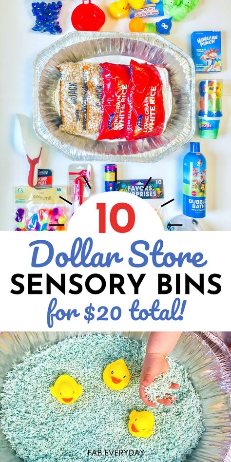 Dollar Store Sensory Bins (budget DIY sensory bins for toddlers) | Fab Everyday Sensory Teaching Ideas, Dollar Tree Therapy Ideas, What To Put In Sensory Bin, Sensory Bins With Beans, Sensory Activities Table, Sensory Bun Ideas, Sensory Bin Items, Sensory Bins For 16 Month Old, Play Dough Sensory Kits Diy