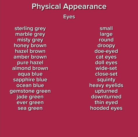 Eye Descriptions For Writing, Eye Shape Description, Eyes Descriptions For Writing, Eyes Writing Description, Words To Describe A Character, Adjectives For Characters, Describe Skin Tone Writing, Descriptive Words For Eyes, Descriptive Words For Characters