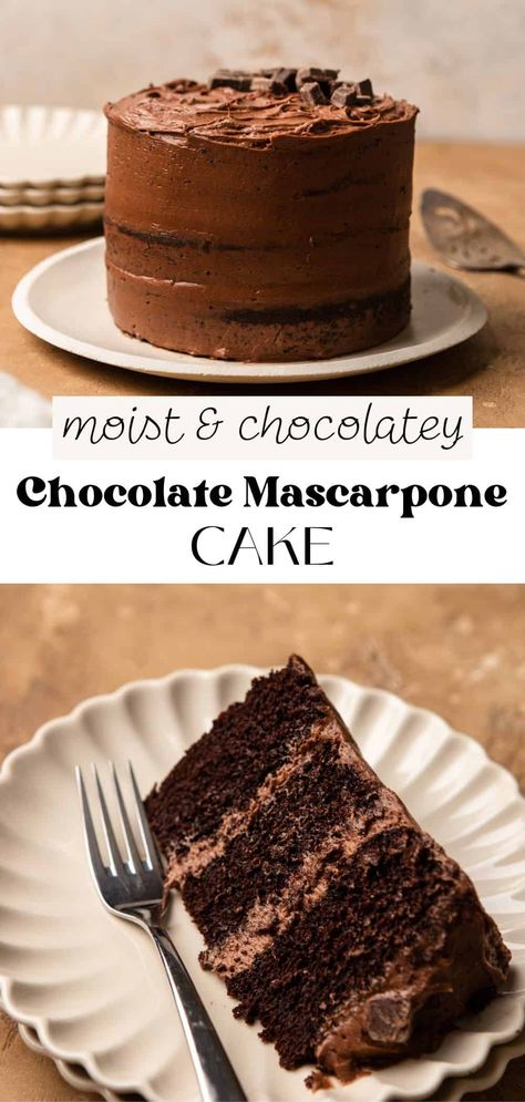 This moist chocolate mascarpone layer cake with chocolate mascarpone frosting is so rich and decadent, it'll be your new go-to chocolate cake recipe! It has 3 layers of dark chocolate cake with  smooth chocolate frosting sandwiched in between and spread all over. It's easy to make and is perfect for any special occasion! Decadent Cakes Birthdays, Chocolate Cake With Mascarpone Frosting, Best Chocolate Wedding Cake Recipe, Mascarpone Cream Cake, Chocolate Marscapone Recipes, Chocolate Lover Cake, Chocolate Milk Cake, Lemon Chocolate Cake, Mascarpone Cake Filling