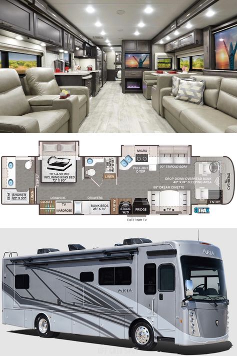 This RV is designed to ensure the whole family has fun exploring the world. It features beautifully handcrafted interiors and fully equipped kitchens. Behind the cockpit, you’ll find luxury furniture and extra sleeping space. Additionally, owners can use the bathroom on the master suite, while guests can use the second bathroom across the bunk bed. You also get a vanity with plenty of counter space and extra storage for linens. Luxurious Rv Interior, Interior Rv Ideas, Family Rv Layout, Big Rv Luxury Rv, Cool Rvs Rv Interior, Luxury Rv Living Motorhome, Big Cars For Family, Luxury Rv Interior, Big Family Car