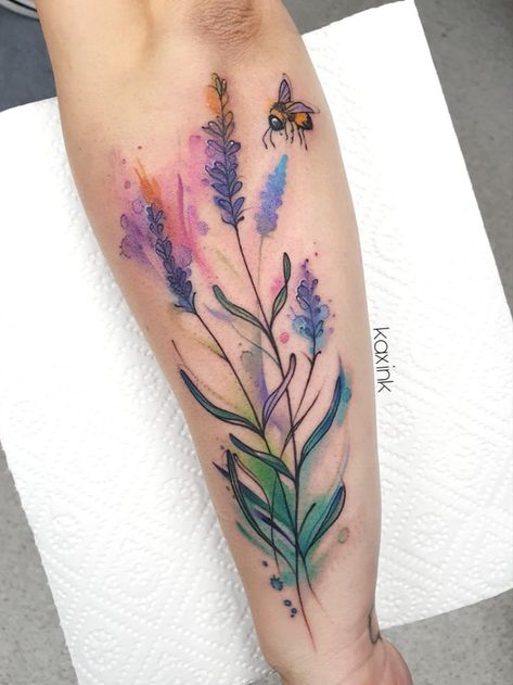 Follow me on the Instagram @kax_ink for more ♥ #tattoo #art #ink #bodyart #lavender #floral #flower #bee #sketch #watercolor #akwarela #color Lavender Bee Tattoo, Lavender Tattoo Design, Tattoo Lavender, Lavender Tattoos, Herb Tattoo, 24 Tattoo, Bee Sketch, 2024 Tattoo, Honey Bee Tattoo