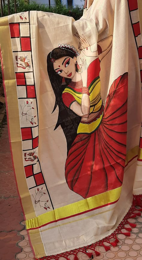 Saree Art Painting, Fabric Painting Ideas On Sarees, Tshirt Painting Ideas Acrylics, Fabric Painting On Saree, Hand Paint Kurti, Saree Painting Ideas, Blouse Painting, Hand Painted Saree, Fabric Colour Painting