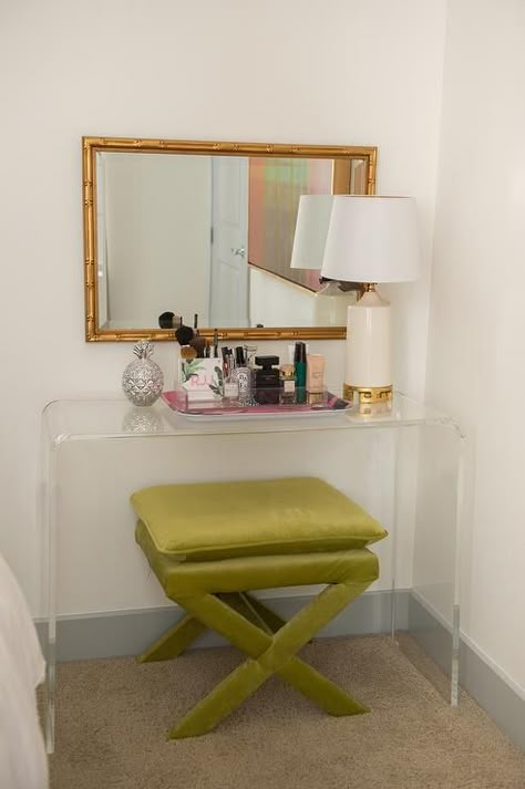 Clear Acrylic Make Up Vanity with Green X Stool, Transitional, Bedroom College House, Transitional Bedroom, Post Grad, Apartment Style, Apartment Decor Inspiration, Junior Year, Future Apartment, Nyc Apartment, House Room