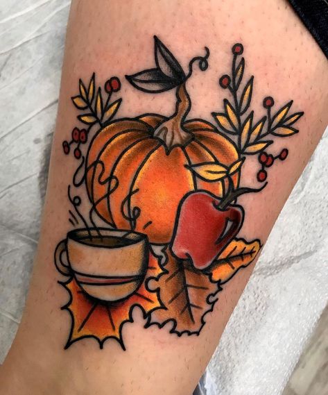 Autumn Tattoos, Fall Tattoos, Acorn Tattoo, Fall Tattoo, Halloween Tattoo Ideas, Pumpkin Tattoo, Autumn Tattoo, Theme Tattoo, Spooky Tattoos