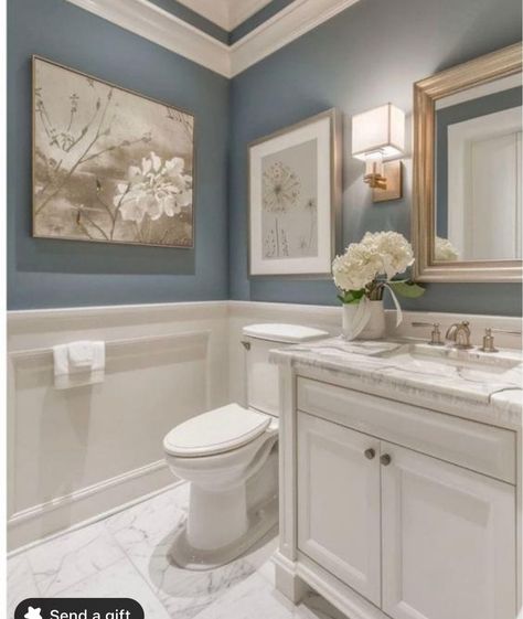 Bathroom Tiled Half Wall, Small Bathroom Ideas With Gold Fixtures, All White Marble Bathroom, Tiled Half Bathroom Walls, Chair Molding Bathroom, Blue Bathroom With Wainscotting, Bathroom With Wanescoating, Powder Bath With Wainscotting, Small Bathroom Moulding