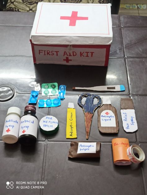 First Aid Box Diy, Hospital Crafts For Kids, First Aid Box Ideas, First Aid Kit Diy, First Aid Kit For Kids, Tlm Ideas, First Aid Kit Box, Science Exhibition Projects, Medical Projects