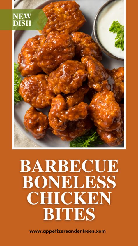 Boneless Chicken Bites, Chicken Bites Appetizers, Boneless Wing Recipes, Bbq Chicken Breast Recipe, Bbq Chicken Bites, Entrees Recipes, Chicken Bites Recipes, Easy Bbq Chicken, Bbq Chicken Breast