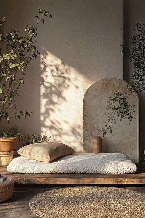 Create a Zen-inspired meditation corner with minimal decor and natural elements. #ZenDecor #MeditationSpace #CalmingCorners Cozy Meditation Room, Zen Minimalism, Zen Room Decor, Zen Corner, Meditation Studio, Cozy Living Room Design, Meditation Corner, Zen Room, Zen Decor