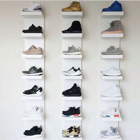 How to Organize, Display  Store Your Sneaker Collection | West Coast Self-Storage Diy Shelves Design, Bedroom Closet Shelves, Ikea Shoe Rack, Lack Shelves, Sneaker Room, Lack Shelf, Ikea Lack Shelves, Sneakerhead Room, Sneaker Displays