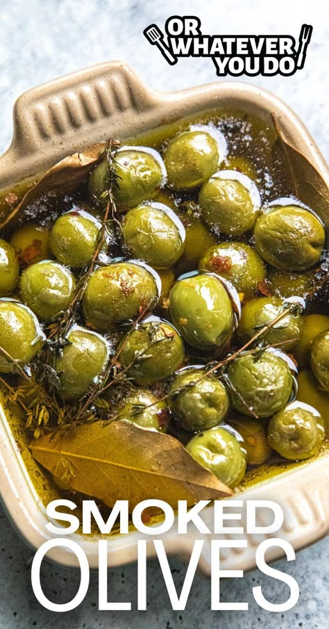 Smoker Grill Recipes, Smoker Recipes Electric, Castelvetrano Olives, Outdoor Cooking Recipes, Marinated Olives, Olive Recipes, Pellet Smoker, Traeger Recipes, Smoked Cheese