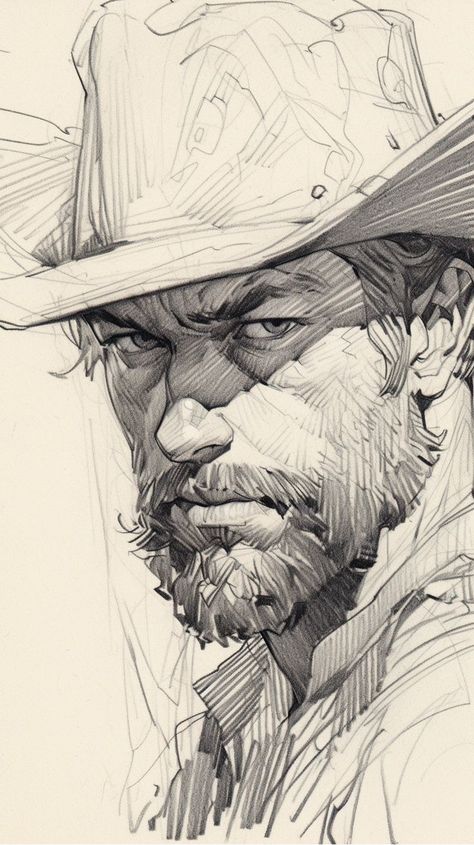 132785889007071720-IdeaPin-page-1-image Pencil sketch of a stern-faced man with a beard wearing a cowboy hat. | Sky Rye Design Gym Anime, Pencil Portrait Drawing, 얼굴 드로잉, Hair Anime, Face Sketch, Portrait Sketches, Drawing Easy, Pencil Portrait, Anatomy Art