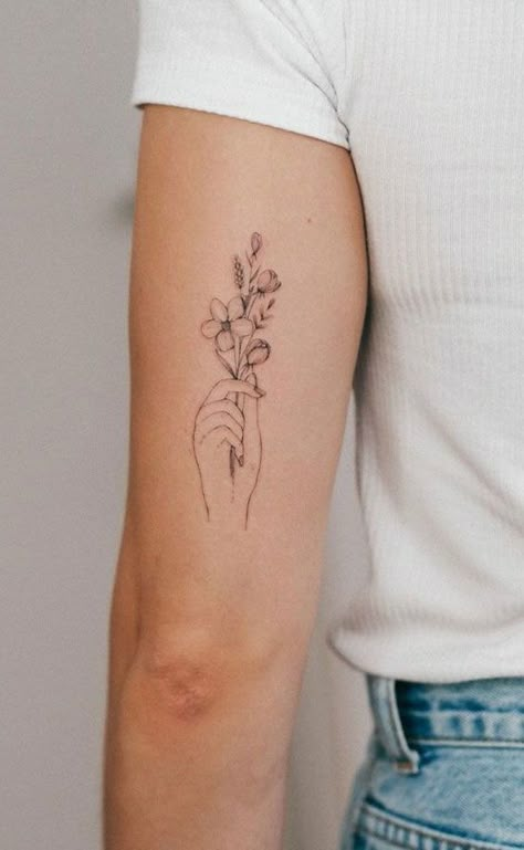 Bunami Ink Tattoo, Bunami Ink, Sunflower Tattoo Shoulder, Inner Arm Tattoos, Flower Tattoo Meanings, Flower Tattoo Ideas, Bouquet Tattoo, Winter 2024 Fashion, Beautiful Flower Tattoos