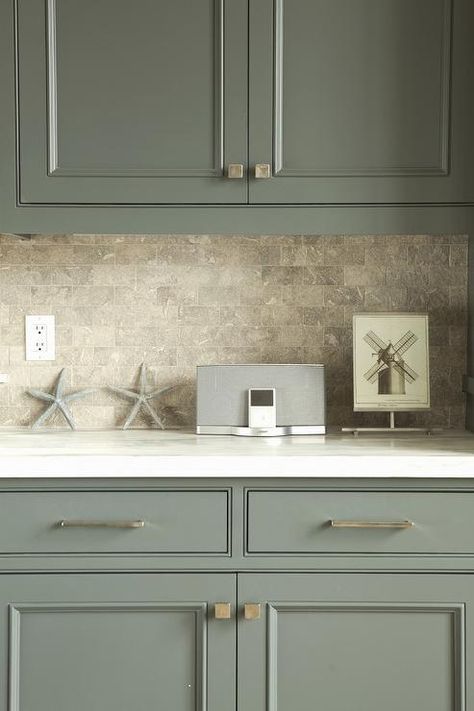 Green Cabinets with Gray brick Style Tiles - Transitional - Kitchen Green Upper Cabinets, Brick Style Wall, Brick Style Tiles, Gray Brick, Chelsea Gray, Sage Green Kitchen, Kitchen Transitional, House Beautiful Magazine, Kitchen Finishes