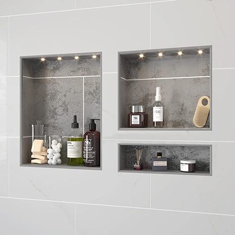 Contemporary Craftsman Interior, Shower Inset, Recessed Shower Shelf, Niche Shelves, Guest Bath Remodel, Deep Bathtub, Bathroom Niche, Recessed Shelves, Craftsman Interior