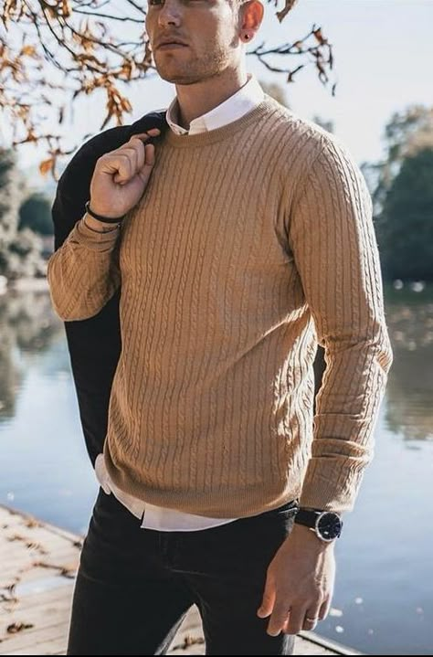 Casual outfits for men | #menssweater #sweater #knittedsweaters #mensclothing Tan Sweater Mens Outfit, Mens Tan Sweater Outfit, Men Brown Sweater Outfit, Pullover Men Outfit, Brown Pullover Outfit Men, Brown Knitted Sweater Outfit Men, Mens Fashion Going Out, Beige Knit Sweater Outfit Men, Mens Sweater Fashion