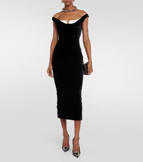 Formal Midi Dress Classy, Midi Dress Formal Classy, Wedding Guest Dress With Sleeves, Black Monochrome Outfit, Midi Dress Classy, Velvet Dresses Outfit, Velvet Black Dress, Roland Mouret Dress, Party Edit