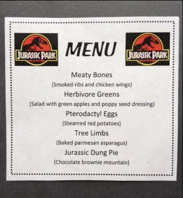 Jurassic Park Themed Dinner, Jurassic Park Dinner And A Movie, Family Dinner And A Movie Ideas, Jurassic Park Movie Night Food, Movie Dinner Theme Night Adult, Jurassic Park Movie Night, Jurassic Park Themed Food, Jurassic Park Dinner, Jurassic Park Food