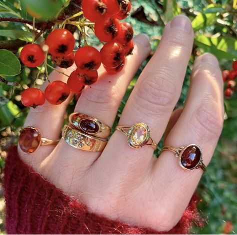 Autumnal stack of citrines and garnets #antiquerings #vintagerings #citrine #citrinering #garnet #garnetring Vintage Ring Stacking Ideas, Stacked Vintage Rings, Vintage Ring Stack, Garnet Aesthetic, Ring Stack Ideas, Peas And Carrots, Ring Stacks, Ring Stack, Dope Jewelry