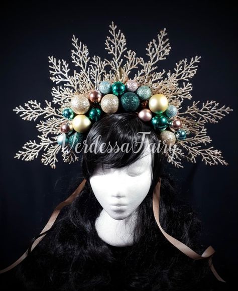 Christmas Goddess, Yule Goddess, Gold Headdress, Goddess Headdress, Showgirl Headdress, Blue And Gold Christmas, Ice Queen Costume, Holiday Headpiece, Christmas Headdress