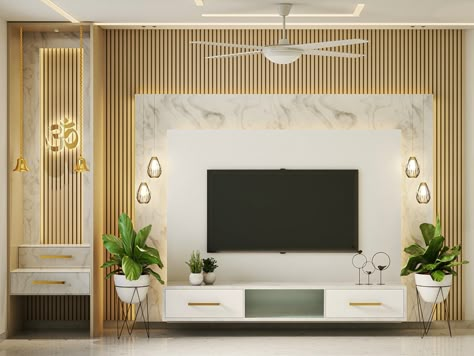 Lowers Panel and Marble Laminate Combination is Best for this Project. Tv Mandir Unit, Pooja And Tv Unit Design, Tv Unit With Marble Back, Mandir Design With Tv Unit Modern, Temple With Tv Unit, Tv Panel With Mandir, Tv Unit Plus Mandir, Partition With Tv Unit Interior Design, Tv Wall Design With Mandir