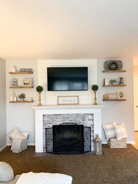 Fireplace Shelving Ideas Wood, Mounted Tv Ideas Living Rooms With Fireplace, How To Decorate Walls On Either Side Of Fireplace, Beside Fireplace Decor, Fireplace Wall Makeover, Living Room House Ideas, Farmhouse Salon, Shelves Around Fireplace, Chimney Ideas