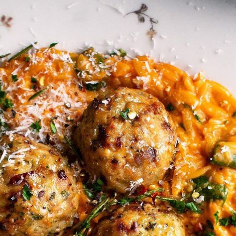 The Original Dish on Instagram: "baked rosemary chicken meatballs with creamy tomato orzo & spinach. dinner just doesn’t get better than this on a cold january night! recipe linked in my bio." Rosemary Chicken Meatballs, Baked Rosemary Chicken, Orzo And Spinach, Creamy Tomato Orzo, Spinach Dinner, Orzo Spinach, Tomato Orzo, The Original Dish, Budget Family Meals