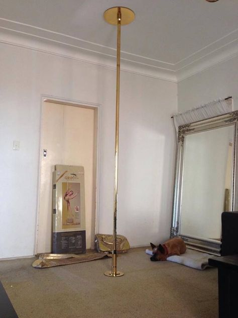 Bedroom Pole Dance, Strip Pole In Bedroom, Pole In Room Aesthetic, Aesthetic Pole Dancing Room, Pole Bedroom Ideas, Pole In Bedroom Aesthetic, At Home Pole Dance Room, Dance Room At Home, Pole Room Aesthetic