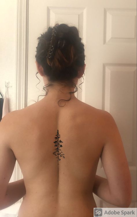 Tree Tattoo Designs For Women Back, Tree On Spine Tattoo, Spine Tattoos For Women Tree, Willow Tree Spine Tattoo, Earthy Spine Tattoos For Women, Pine Tree Spine Tattoo, Spine Tattoos Nature, Plant Spine Tattoos For Women, Tree Spine Tattoos For Women