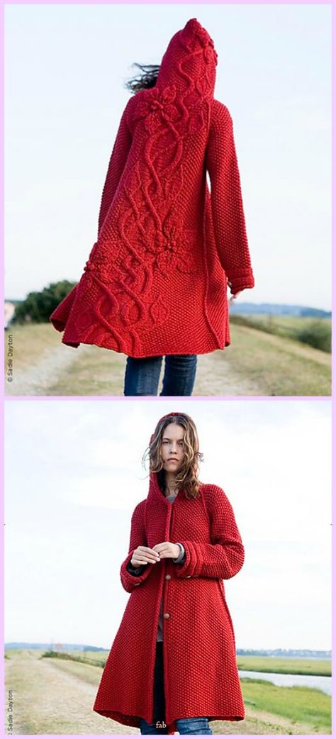 Knit Sylvi Flower Cardigan Coat Knitting Pattern with Video Tutorial Hooded Cardigan Pattern, Interweave Crochet, Fancy Frocks, Crochet Coat, Crochet Winter, Crochet Jacket, Red Cardigan, Crochet Woman, Knitted Coat