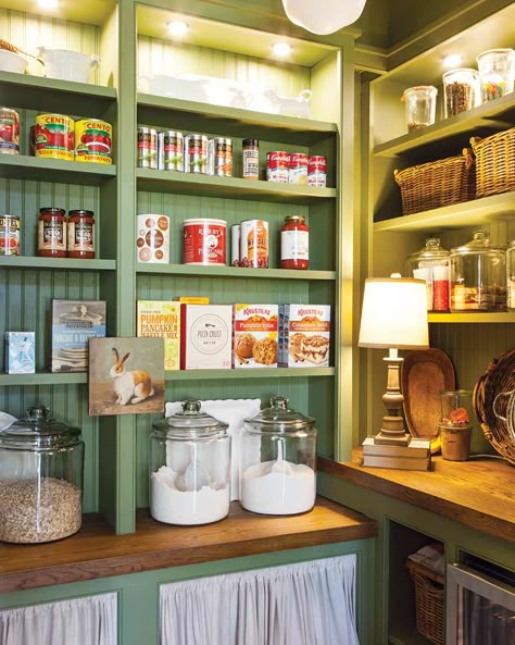 Cottage Pantry Doors, Unfitted Kitchen Ideas Cottage, Small Cottage Pantry, Cottage Walk In Pantry, Bookshelf Into Pantry, English Cottage Pantry, Cottage Core Pantry, Pantry Cottagecore, Built In Shelves Kitchen