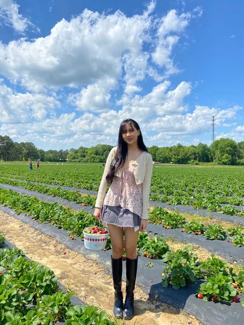 strawberry picking, pink, outfit inspo, strawberries, girly, asian, mini skirt, bangs, boots, instagram, instagram inspo Outfits For Strawberry Picking, Berry Picking Outfit, Strawberry Picking Outfit, Pink Mini Skirt Outfit, Picking Outfits, Strawberry Outfit, Berry Picking, Strawberry Picking, Pink Mini Skirt