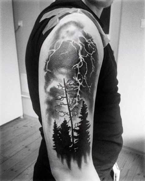 Cool Arm Pine Trees Thunderstorm Tattoo Design Ideas For Male Storm Tattoo Men, Tattoo Ideas Lettering, Thunderstorm Tattoo, Men Leg Tattoo, Best Shoulder Tattoos, Blitz Tattoo, Storm Tattoo, Lightning Tattoo, Back Shoulder Tattoos